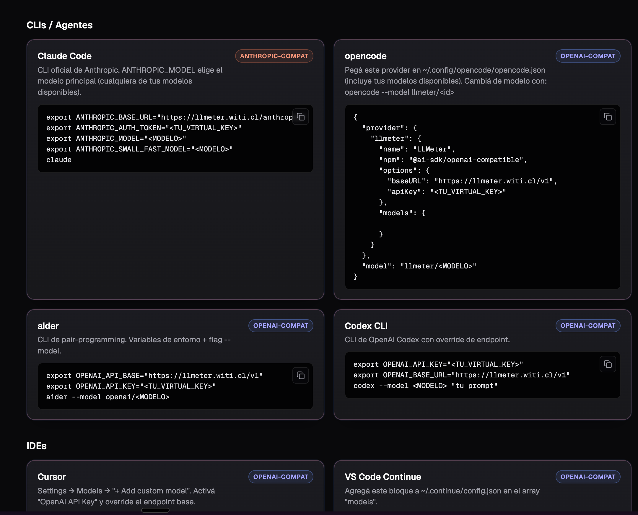 Pantalla Cómo conectarse de LLMeter, con los comandos para Claude Code, opencode, aider, Codex, Cursor y Continue